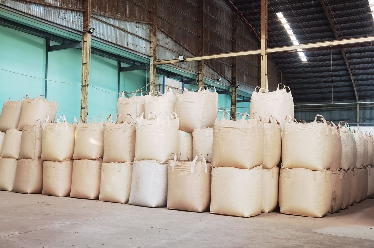 Bagged biomass pellets on pallets ready for export